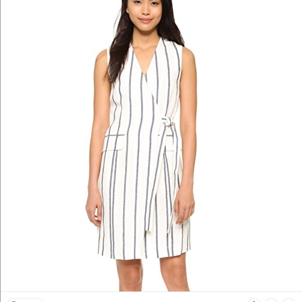 Theory blue and white stripe linen wrap dress